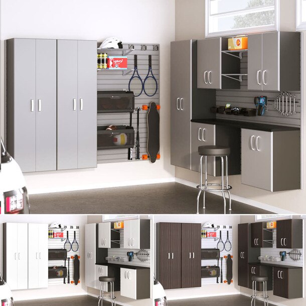 29 Piece Slatwall Panel, Tall Cabinet, Shelf, Bin, Hook & Jumbo Workstation Storage Set - Silver Slatwall / Silver Cabinets