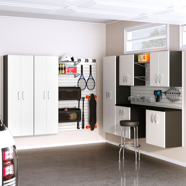 29 Piece Slatwall Panel, Tall Cabinet, Shelf, Bin, Hook & Jumbo Workstation Storage Set - White Slatwall / White Cabinets