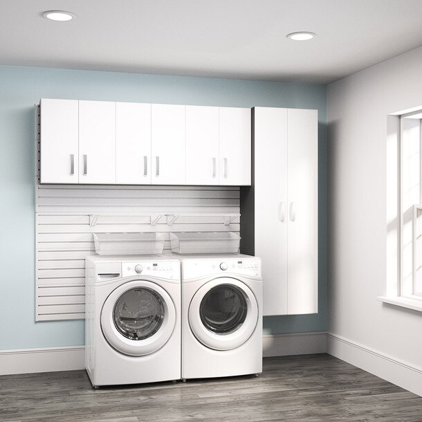 9 Piece Slatwall Panel, Cabinet, Shelf & Bin Storage Set - White Slatwall / White Cabinets