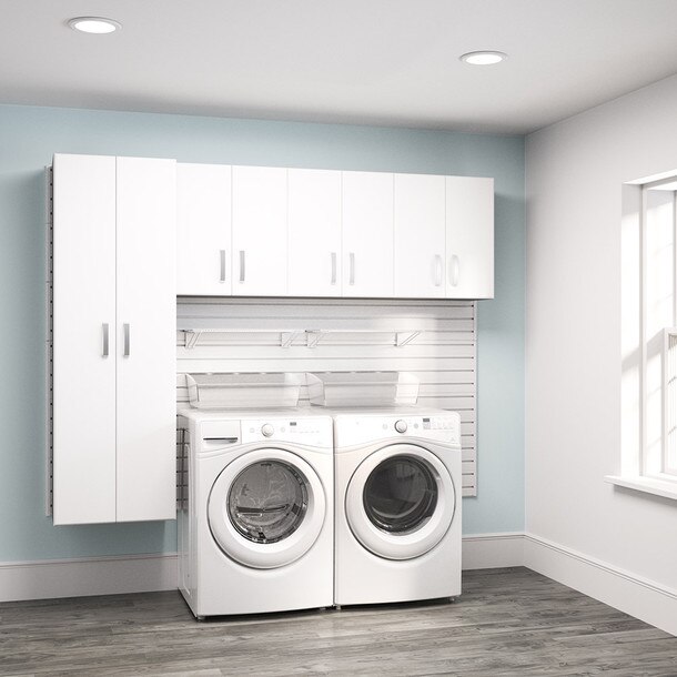 9 Piece Slatwall Panel, Cabinet, Shelf & Bin Storage Set - White Slatwall / White Cabinets