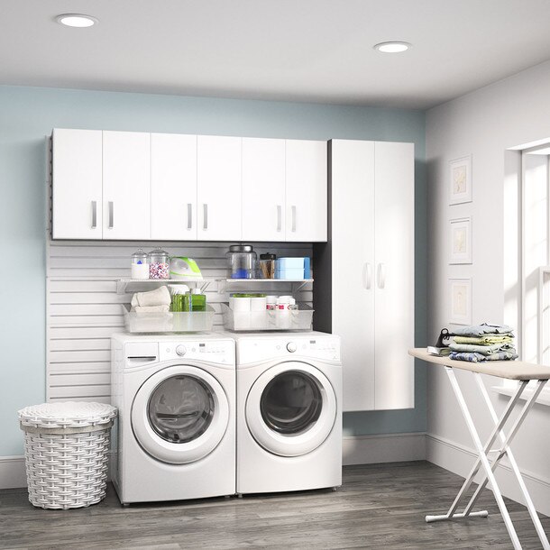 9 Piece Slatwall Panel, Cabinet, Shelf & Bin Storage Set - White Slatwall / White Cabinets