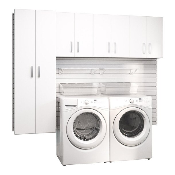 9 Piece Slatwall Panel, Cabinet, Shelf & Bin Storage Set - White Slatwall / White Cabinets