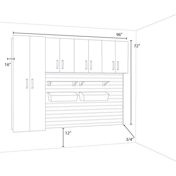 9 Piece Slatwall Panel, Cabinet, Shelf & Bin Storage Set - White Slatwall / White Cabinets