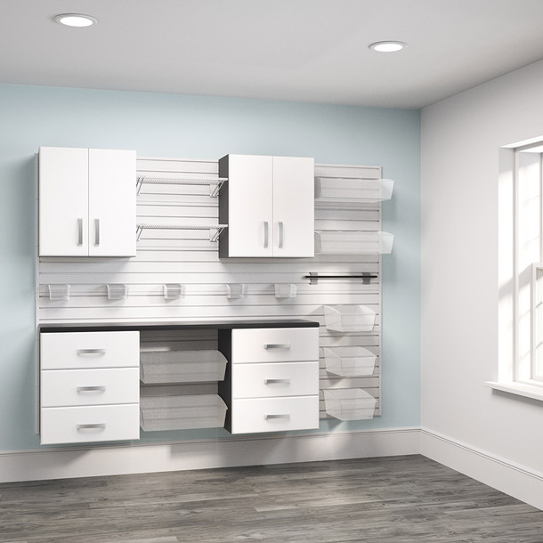 21 Piece Slatwall Panel, Tall Cabinet, Bin, Hook & Jumbo Workstation Storage Set - White Slatwall / White Cabinets