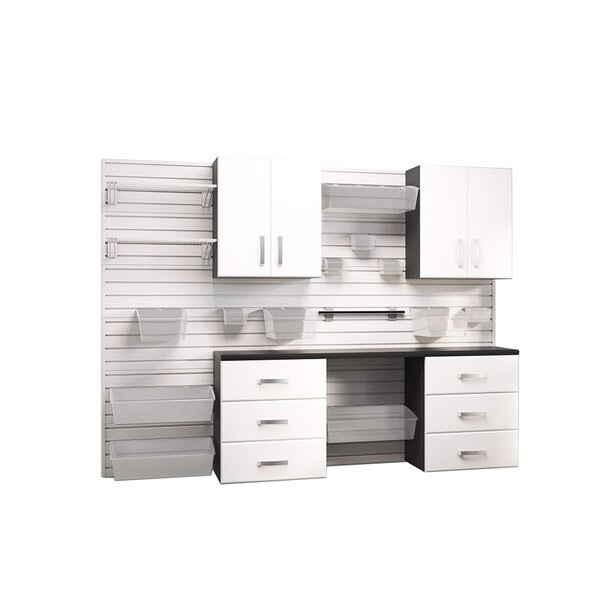 21 Piece Slatwall Panel, Tall Cabinet, Bin, Hook & Jumbo Workstation Storage Set - White Slatwall / White Cabinets