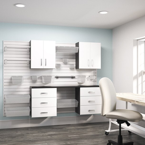 21 Piece Slatwall Panel, Tall Cabinet, Bin, Hook & Jumbo Workstation Storage Set - White Slatwall / White Cabinets