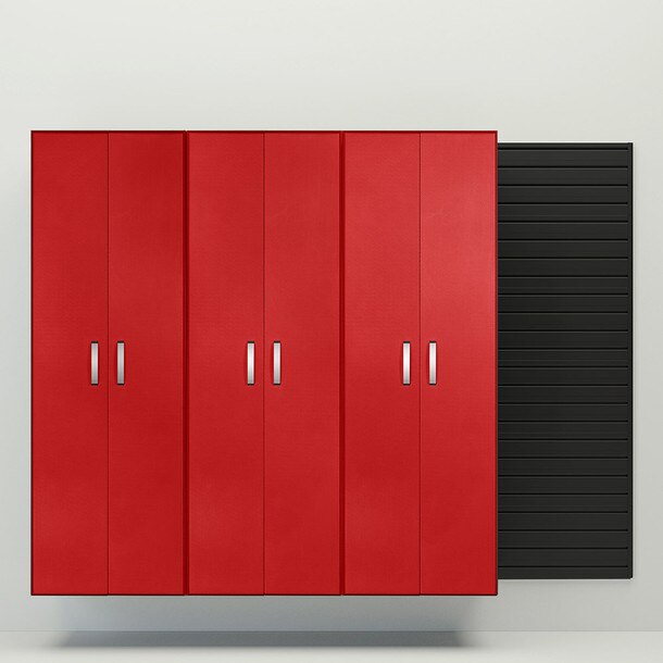 4 Piece Slatwall Panel & Tall Cabinet Storage Set - Black Slatwall / Red Carbon Cabinets