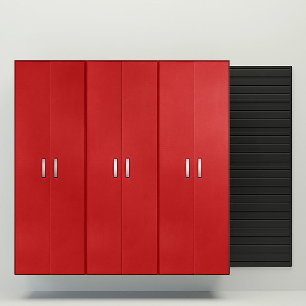 4 Piece Slatwall Panel & Tall Cabinet Storage Set - Black Slatwall / Red Carbon Cabinets