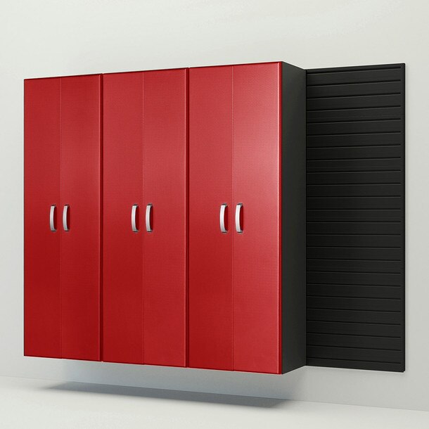4 Piece Slatwall Panel & Tall Cabinet Storage Set - Black Slatwall / Red Carbon Cabinets