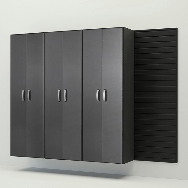 4 Piece Slatwall Panel & Tall Cabinet Storage Set - Black Slatwall / Graphite Carbon Cabinets