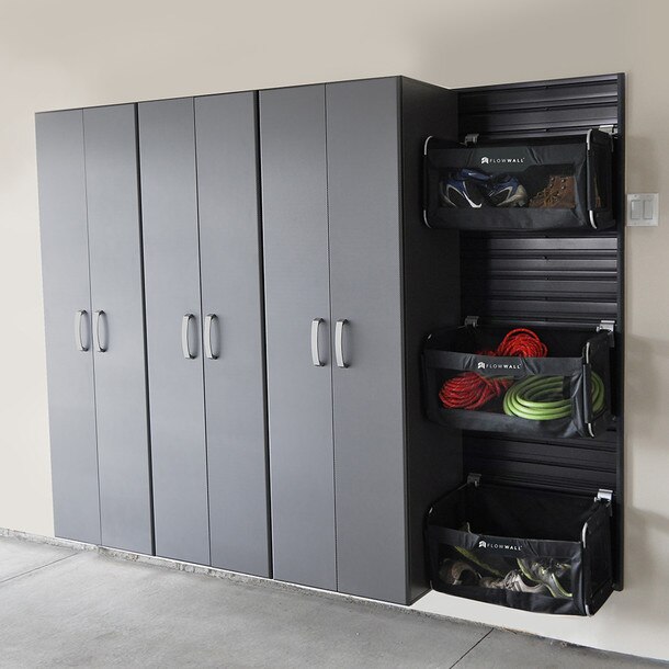 4 Piece Slatwall Panel & Tall Cabinet Storage Set - Black Slatwall / Graphite Carbon Cabinets