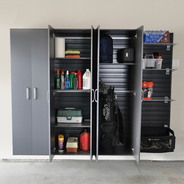 4 Piece Slatwall Panel & Tall Cabinet Storage Set - Black Slatwall / Graphite Carbon Cabinets