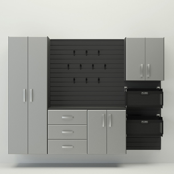 18 Piece Slatwall Panel, Tall Cabinet, Soft Bin, Hook & Large Workstation Storage Set - Black Slatwall / Silver Cabinets