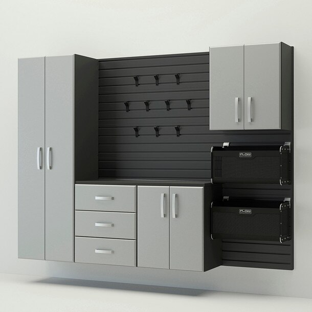 18 Piece Slatwall Panel, Tall Cabinet, Soft Bin, Hook & Large Workstation Storage Set - Black Slatwall / Silver Cabinets