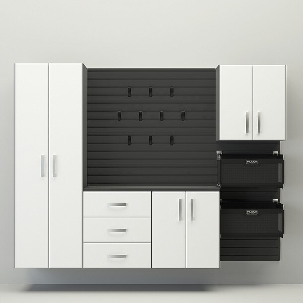 18 Piece Slatwall Panel, Tall Cabinet, Soft Bin, Hook & Large Workstation Storage Set - Black Slatwall / White Cabinets