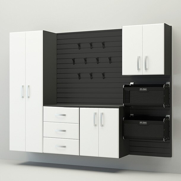 18 Piece Slatwall Panel, Tall Cabinet, Soft Bin, Hook & Large Workstation Storage Set - Black Slatwall / White Cabinets