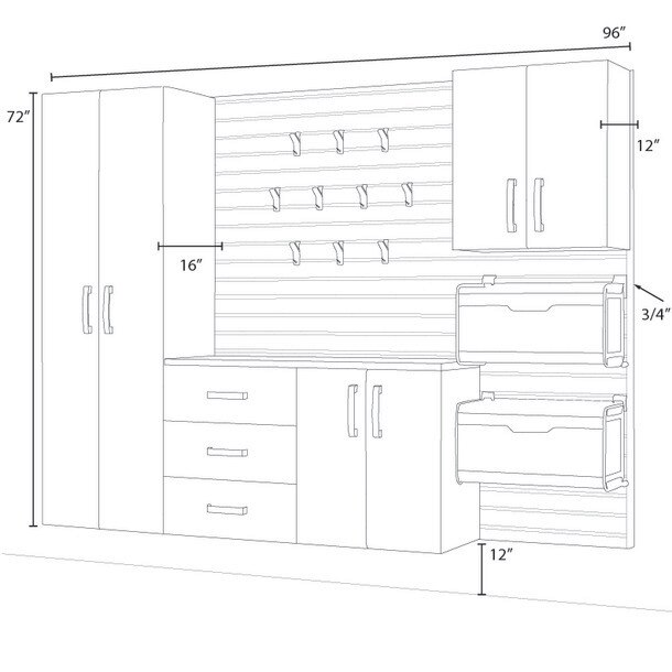 18 Piece Slatwall Panel, Tall Cabinet, Soft Bin, Hook & Large Workstation Storage Set - Black Slatwall / White Cabinets