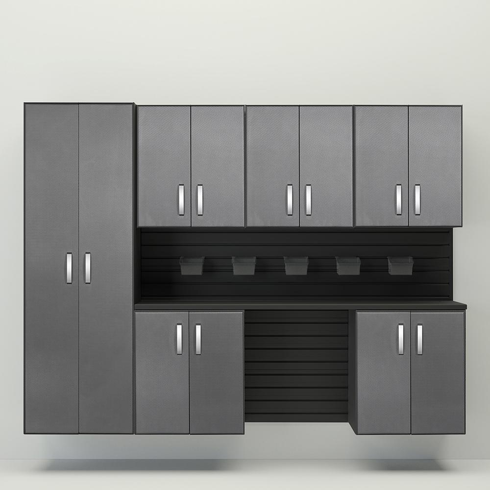 13 Piece Slatwall Panel; Tall Cabinet; Bin & Jumbo Workstation Storage Set - Black Slatwall / Graphite Carbon Cabinets