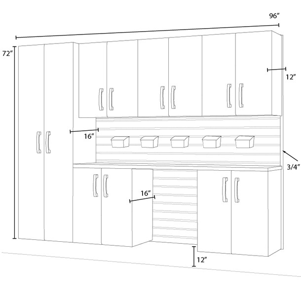 13 Piece Slatwall Panel, Tall Cabinet, Bin & Jumbo Workstation Storage Set - Black Slatwall / Graphite Carbon Cabinets