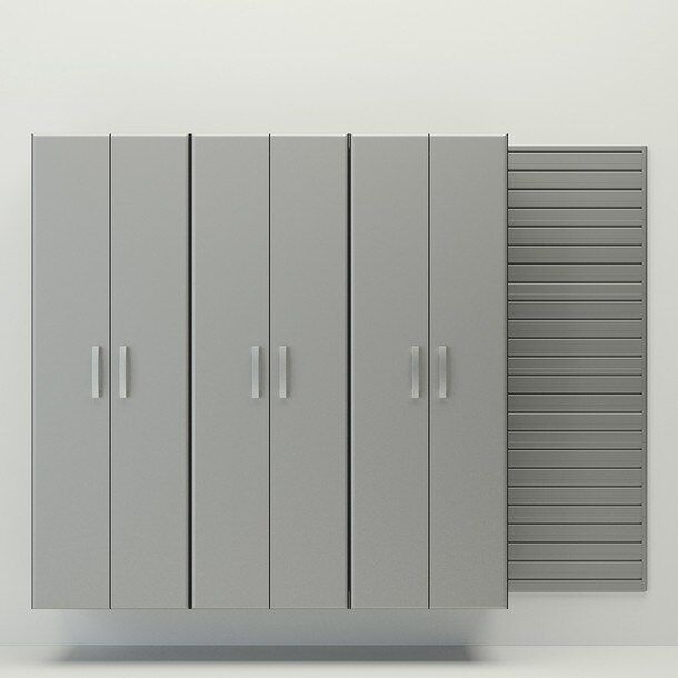 4 Piece Slatwall Panel & Tall Cabinet Storage Set - Silver Slatwall / Silver Cabinets