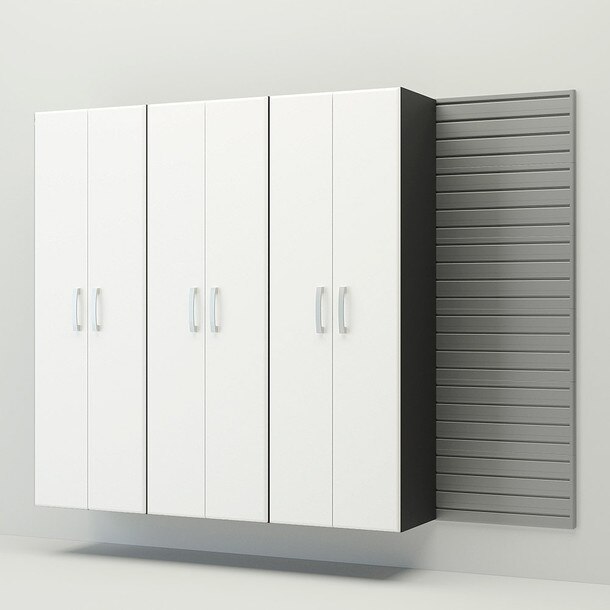 4 Piece Slatwall Panel & Tall Cabinet Storage Set - Silver Slatwall / White Cabinets