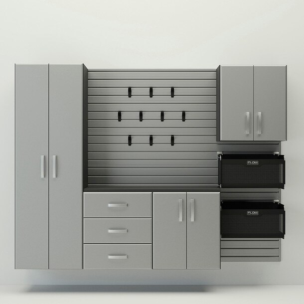 18 Piece Slatwall Panel, Tall Cabinet, Soft Bin, Hook & Large Workstation Storage Set - Silver Slatwall / Silver Cabinets