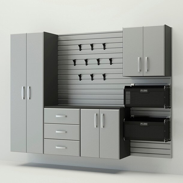 18 Piece Slatwall Panel, Tall Cabinet, Soft Bin, Hook & Large Workstation Storage Set - Silver Slatwall / Silver Cabinets