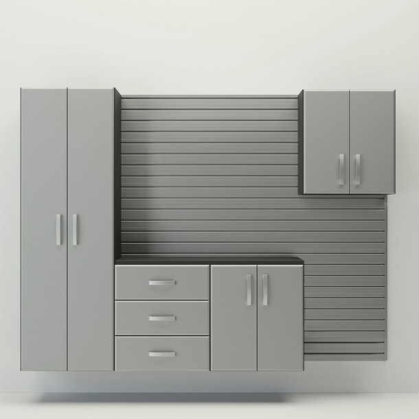 6 Piece Slatwall Panel, Tall Cabinet & Large Workstation Storage Set - Silver Slatwall / Silver Cabinet