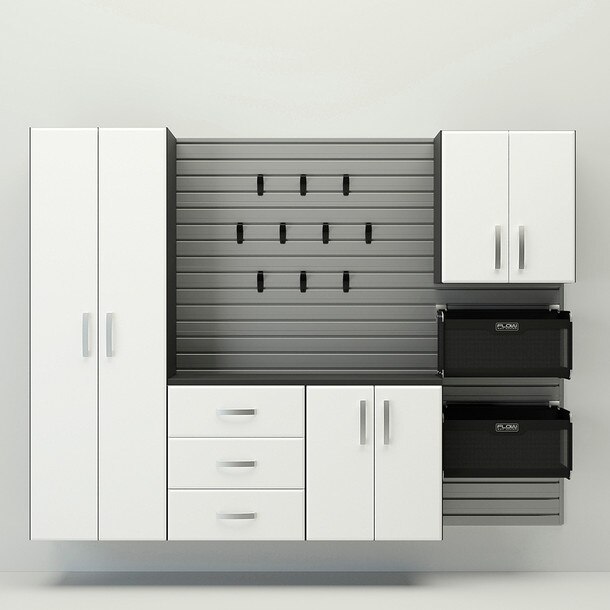 18 Piece Slatwall Panel, Tall Cabinet, Soft Bin, Hook & Large Workstation Storage Set - Silver Slatwall / White Cabinets