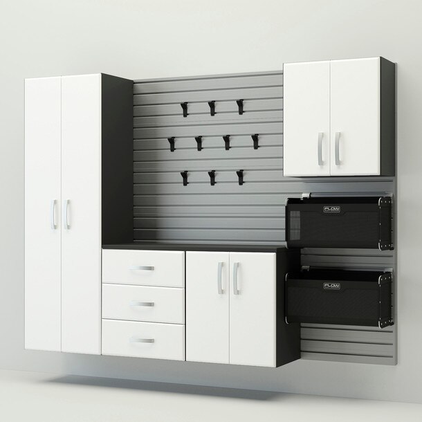 18 Piece Slatwall Panel, Tall Cabinet, Soft Bin, Hook & Large Workstation Storage Set - Silver Slatwall / White Cabinets