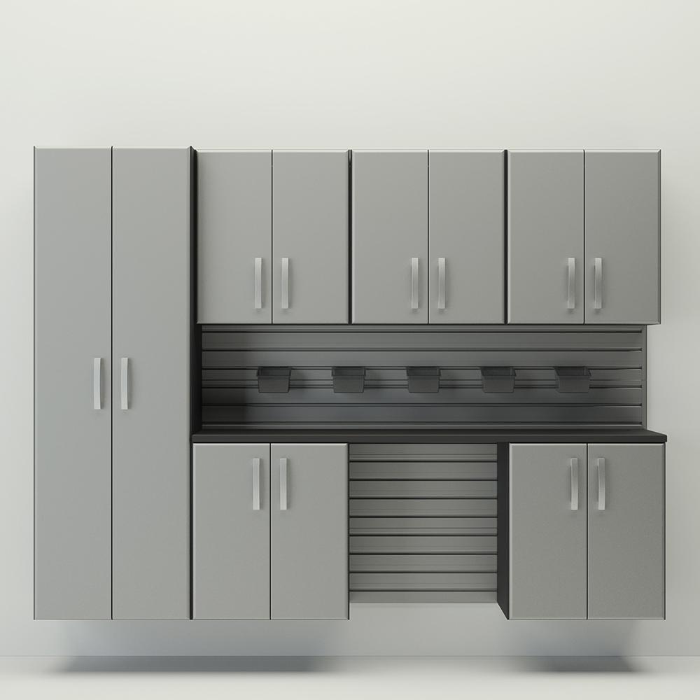 13 Piece Slatwall Panel; Tall Cabinet; Bin & Jumbo Workstation Storage Set - Silver Slatwall / Silver Cabinets