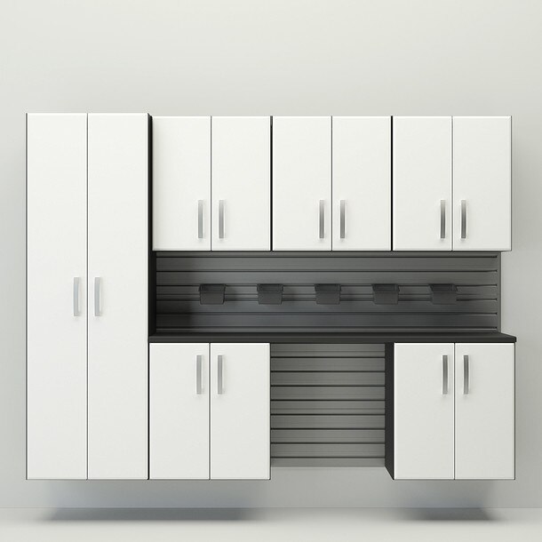 13 Piece Slatwall Panel, Tall Cabinet, Bin & Jumbo Workstation Storage Set - Silver Slatwall / White Cabinets