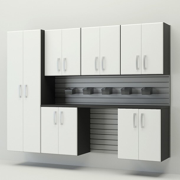 13 Piece Slatwall Panel, Tall Cabinet, Bin & Jumbo Workstation Storage Set - Silver Slatwall / White Cabinets