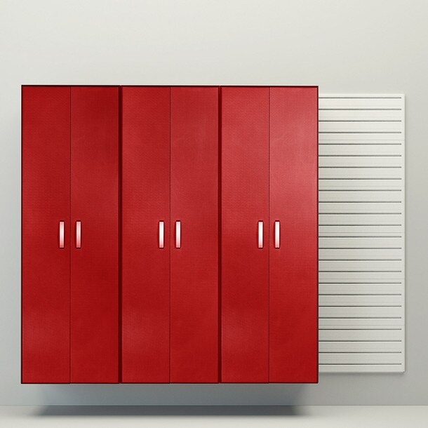 4 Piece Slatwall Panel & Tall Cabinet Storage Set - White Slatwall / Red Carbon Cabinets