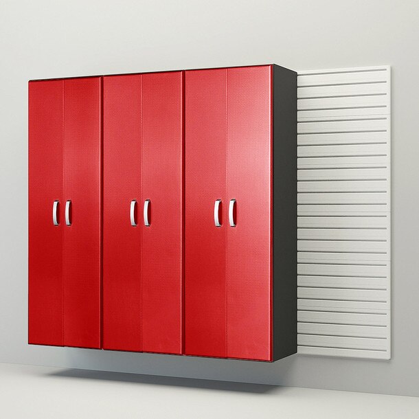 4 Piece Slatwall Panel & Tall Cabinet Storage Set - White Slatwall / Red Carbon Cabinets