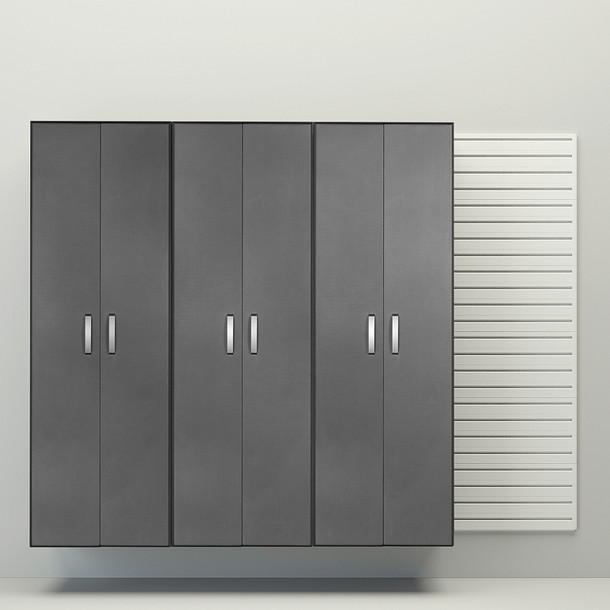 4 Piece Slatwall Panel & Tall Cabinet Storage Set - White Slatwall / Graphite Carbon Cabinets