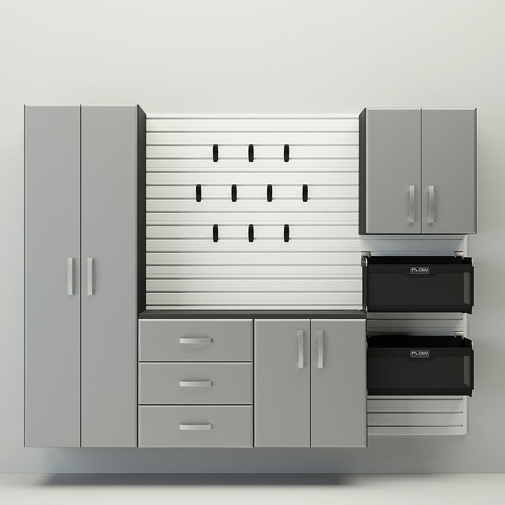 Flow Wall 5 Piece Complete Storage Cabinet Set - White/Silver