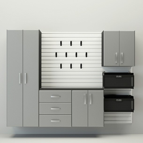 Flow Wall 5 Piece Complete Storage Cabinet Set - White/Silver