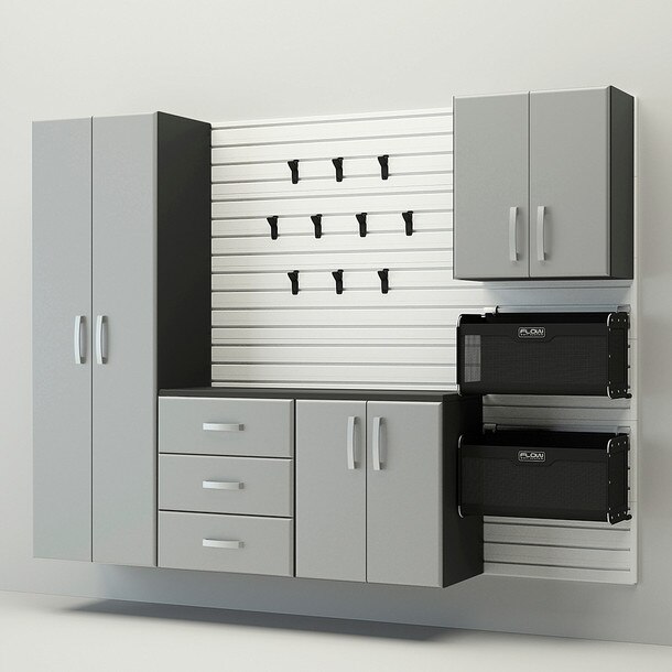 18 Piece Slatwall Panel, Tall Cabinet, Soft Bin, Hook & Large Workstation Storage Set - White Slatwall / Silver Cabinets