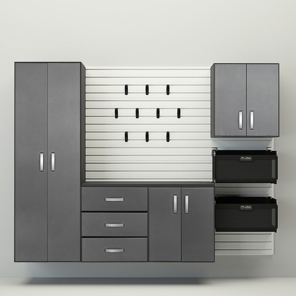 18 Piece Slatwall Panel, Tall Cabinet, Soft Bin, Hook & Large Workstation Storage Set - White Slatwall / Graphite Carbon Cabinets