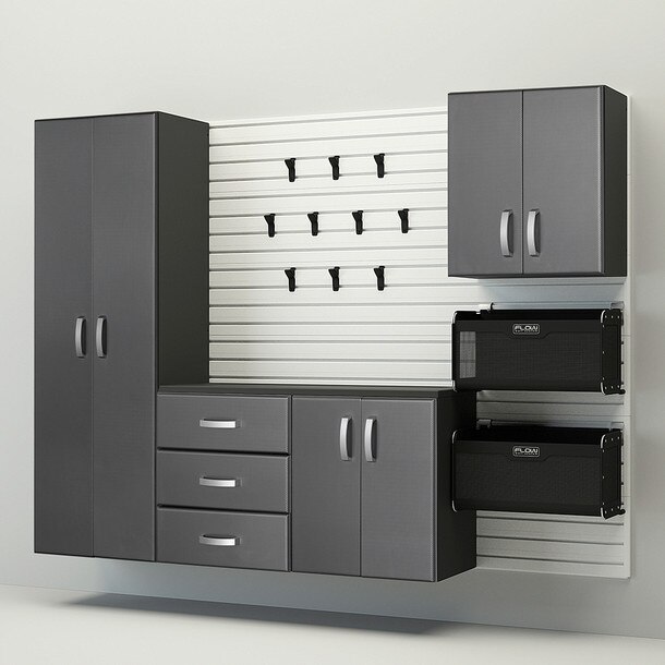 18 Piece Slatwall Panel, Tall Cabinet, Soft Bin, Hook & Large Workstation Storage Set - White Slatwall / Graphite Carbon Cabinets