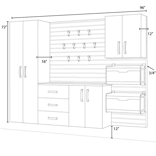 18 Piece Slatwall Panel, Tall Cabinet, Soft Bin, Hook & Large Workstation Storage Set - White Slatwall / Graphite Carbon Cabinets