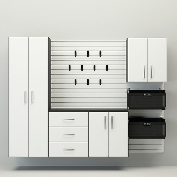 18 Piece Slatwall Panel, Tall Cabinet, Soft Bin, Hook & Large Workstation Storage Set - White Slatwall / White Cabinets