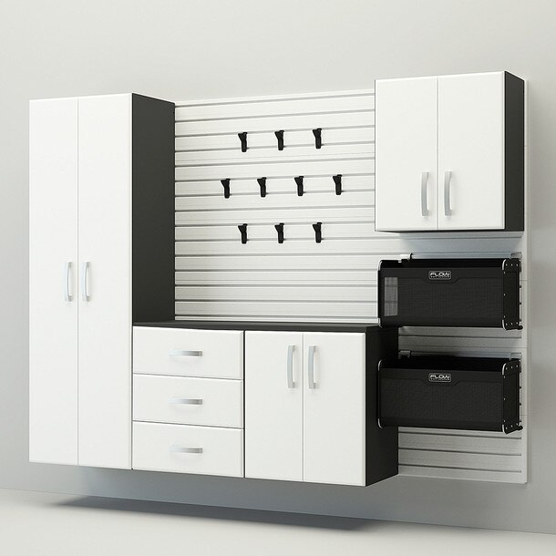 18 Piece Slatwall Panel, Tall Cabinet, Soft Bin, Hook & Large Workstation Storage Set - White Slatwall / White Cabinets