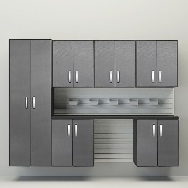 13 Piece Slatwall Panel, Tall Cabinet, Bin & Jumbo Workstation Storage Set - White Slatwall / Graphite Carbon Cabinets