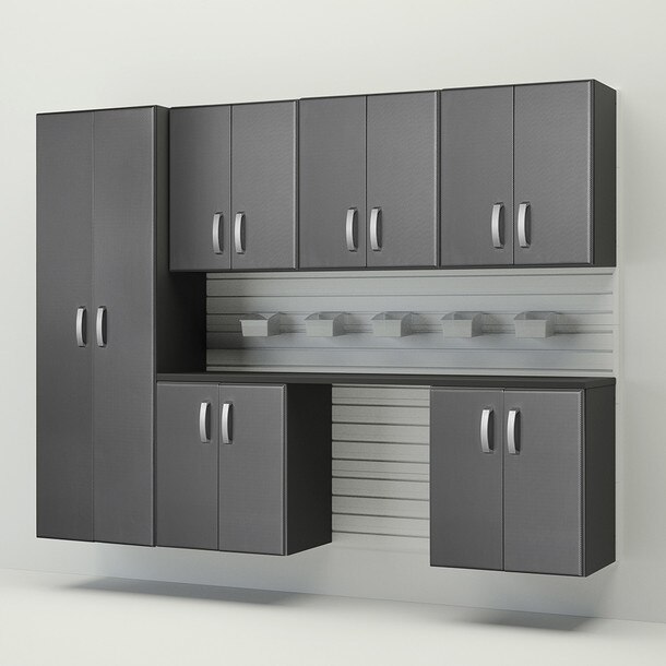 13 Piece Slatwall Panel, Tall Cabinet, Bin & Jumbo Workstation Storage Set - White Slatwall / Graphite Carbon Cabinets