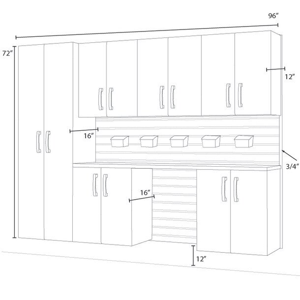 13 Piece Slatwall Panel, Tall Cabinet, Bin & Jumbo Workstation Storage Set - White Slatwall / Graphite Carbon Cabinets