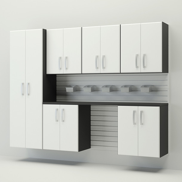 13 Piece Slatwall Panel, Tall Cabinet, Bin & Jumbo Workstation Storage Set - White Slatwall / White Cabinets
