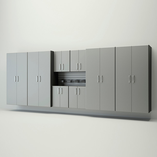 13 Piece Slatwall Panel, Jumbo Cabinet & Bin Storage Set - Silver Slatwall / Silver Cabinets