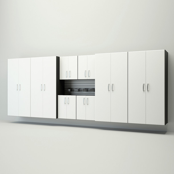 13 Piece Slatwall Panel, Jumbo Cabinet & Bin Storage Set - Silver Slatwall / White Cabinets